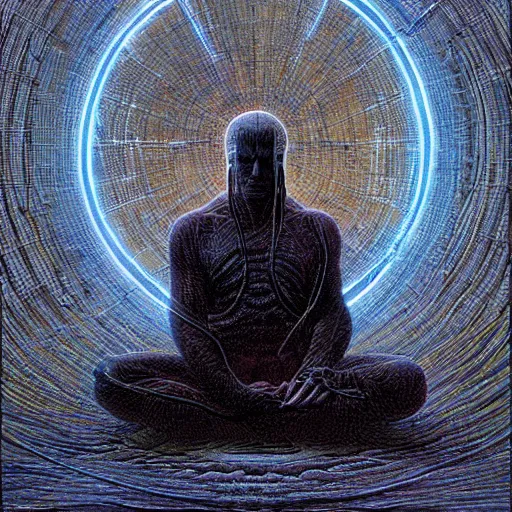 Image similar to an exhausted deity, contemplating existence, beyond the known universe, fine art, bokeh, omnidimensional, ocd, electroluminescent wire by wayne barlowe