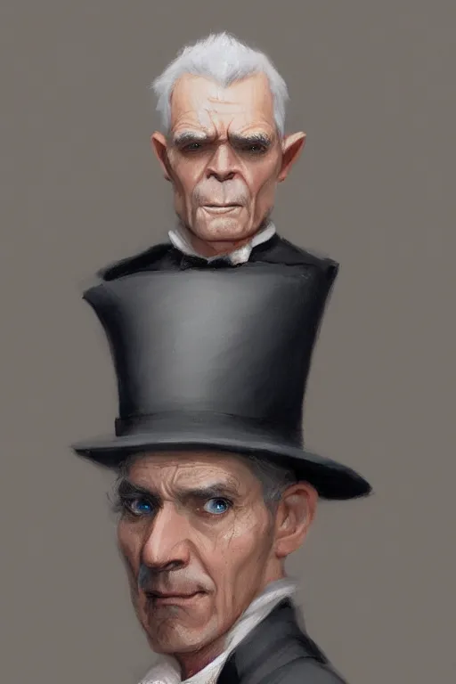 Image similar to a grey hair halfling top hat and suit no beard by Greg Rutkowski, painting, portrait, HD, high details, trending on artstation