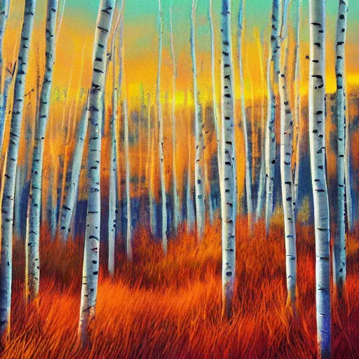 Prompt: beautiful painting of an Aspen forest at sunset, digital art, award winning illustration, golden hour, smooth, sharp lines, concept art, trending on artstation