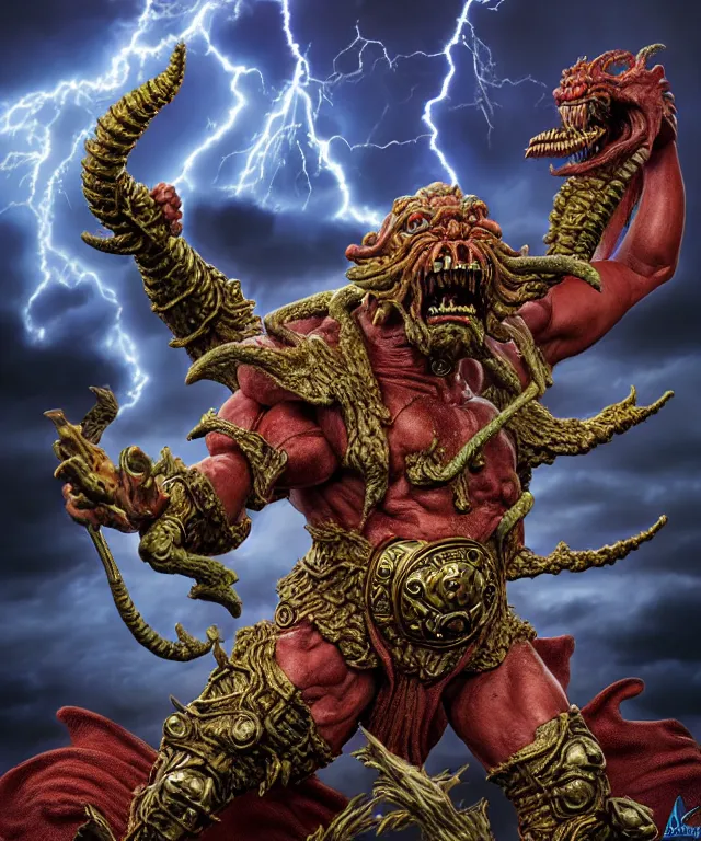 Prompt: hyperrealistic rendering, epic boss battle, ornate supreme demon overlord, by art of skinner and richard corben and jeff easley, product photography, action figure, sofubi, storm clouds, outside, lightning