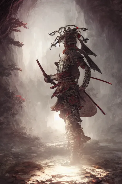 Image similar to a photographic portrait of a powerful samurai cloaked in white, carrying swords on his back, standing under a beam of light, a dark cave, ruby red sorrow, intricate, elegant, highly detailed, ornate, beautifully lit, ray traced, octane render, in the style of Peter Mohrbacher and Peter Gric