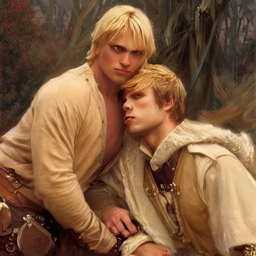 Image similar to attractive male, blond hair arthur pendragon confesses his love to attractive male, dark hair merlin. highly detailed painting by gaston bussiere, craig mullins, j. c. leyendecker 8 k