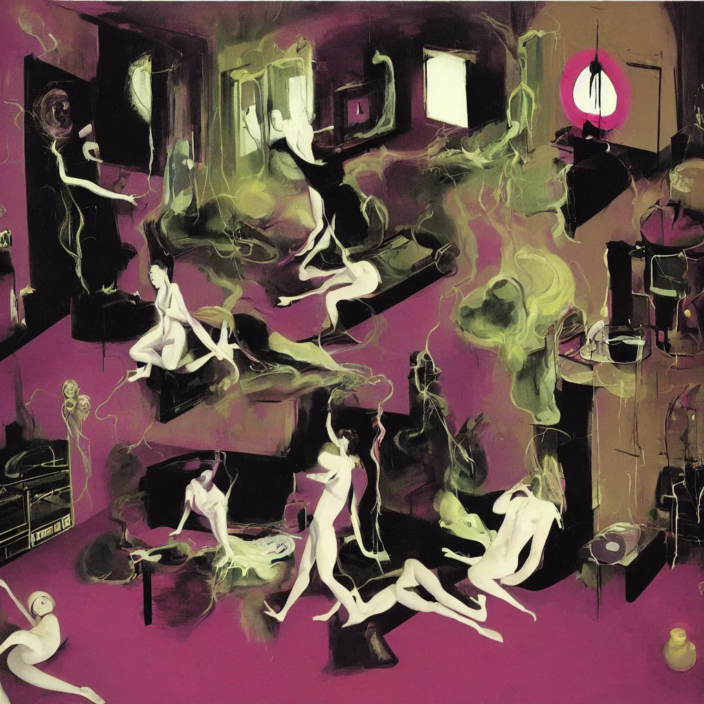 Image similar to Man and woman start to bounce in a living room of a house, floating dark energy surrounds the middle of the room. There is one living room plant to the side of the room, surrounded by a background of dark cyber mystic alchemical transmutation heavenless realm, cover artwork by francis bacon and Jenny seville, midnight hour, part by adrian ghenie, part by jeffrey smith, part by josan gonzales, part by norman rockwell, part by phil hale, part by kim dorland, artstation, highly detailed