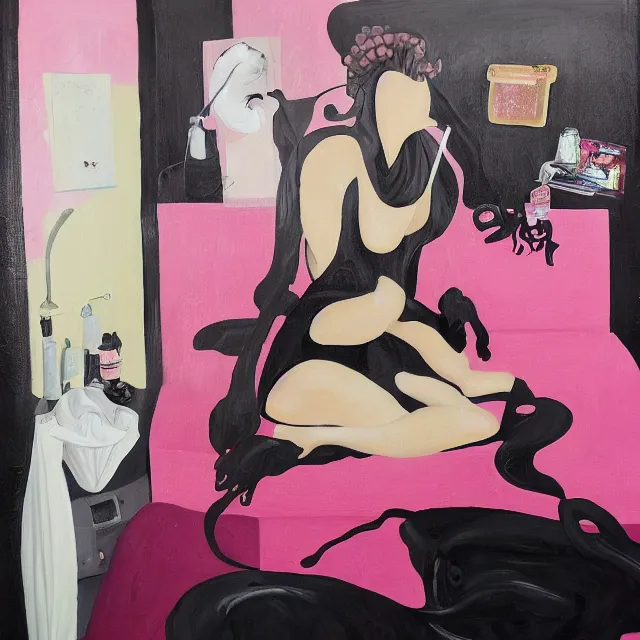 Prompt: sensual, a portrait in a female art student's bedroom, black walls, a woman drinking iced latte, pancakes, maple syrup dripping, chocolate, surgical supplies, ikebana, octopus, neo - expressionism, surrealism, acrylic and spray paint and oilstick on canvas