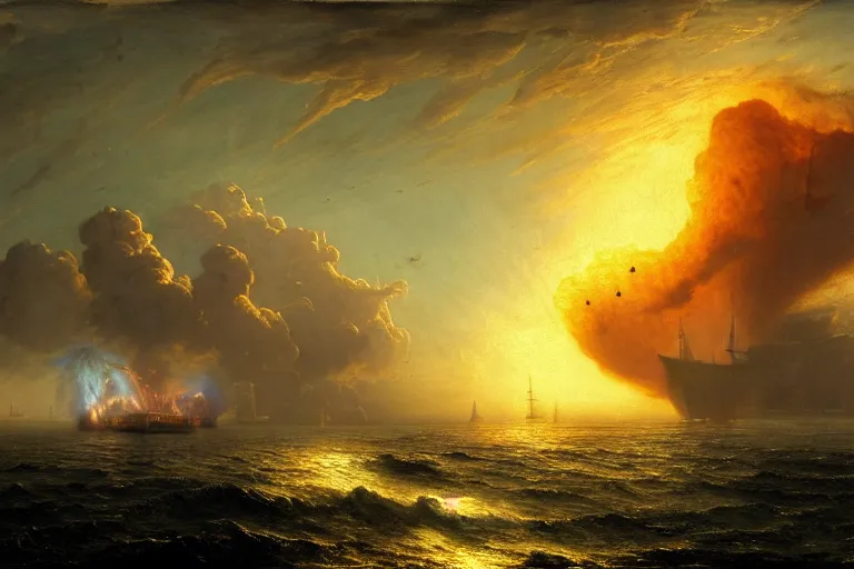 Image similar to aircraft carrier, nuclear explosion by andreas achenbach and peder balke and martin johnson heade sharp digital painting. dreaming latent space. matte painting, concept art. artstation. digital render. hdr, high dynamic range, global illumination, realistic, 8 k