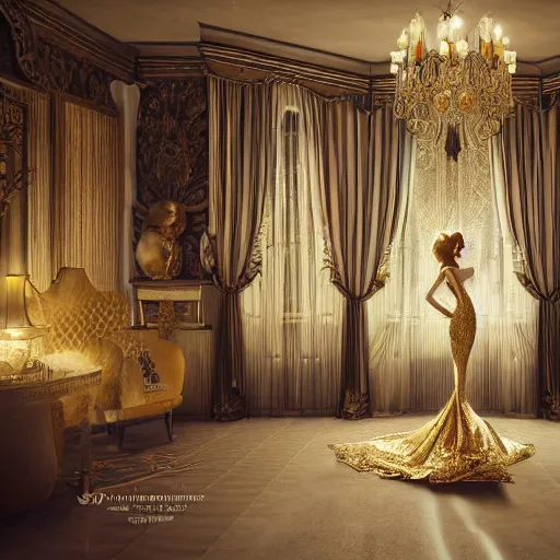 Image similar to an incredibly beautiful and elegant woman covered in intricate gold leaf detail in a gothic hotel room with soft indirect lighting, an ultrafine detailed illustration by victoria frances, final fantasy, cinematic colors, behance contest winner, unreal engine 5 highly rendered, global illumination, radiant light, detailed and intricate environment