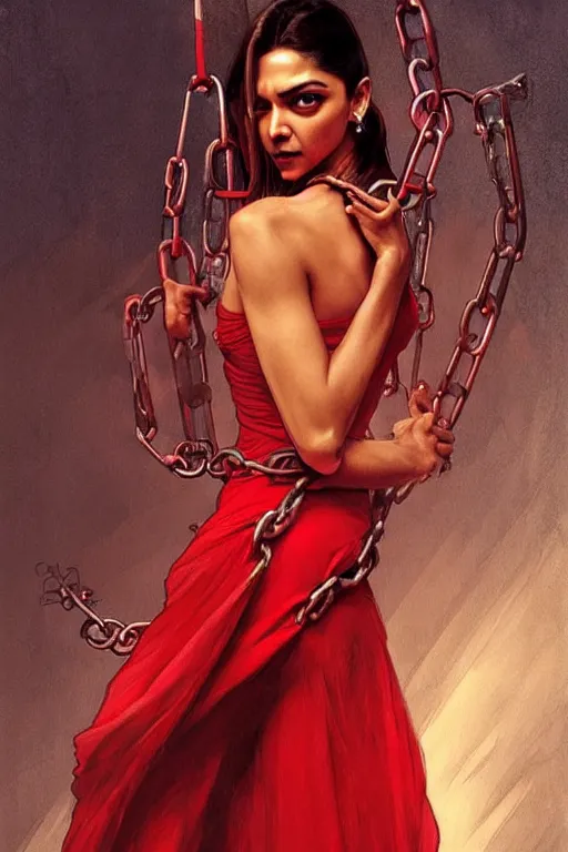 Prompt: deepika padukone, in a red dress, bound with a chair, realistic portrait, symmetrical, angry face, tied with chains, highly detailed, digital painting, artstation, concept art, smooth, sharp focus, illustration, cinematic lighting, art by artgerm and greg rutkowski and alphonse mucha