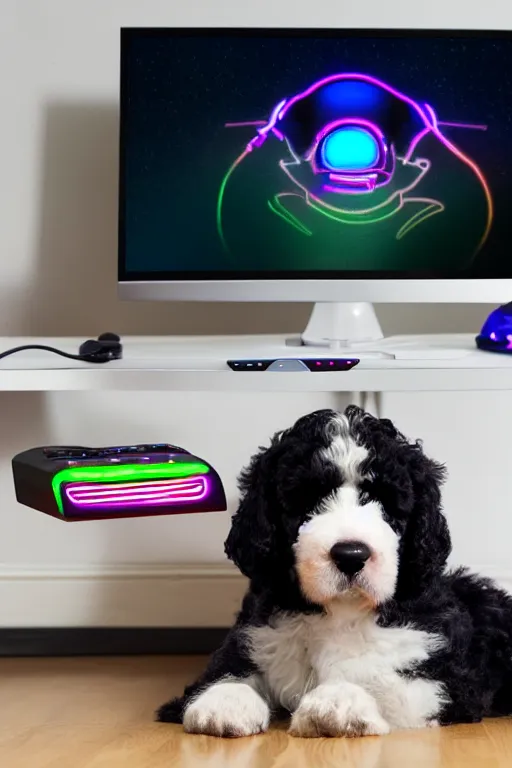 Image similar to young gamer sitting in gaming chair + neon rgb light strips, large computer monitor, galaxy themed room, cute bernedoodle puppy sitting at his feet, 4 k, award winning