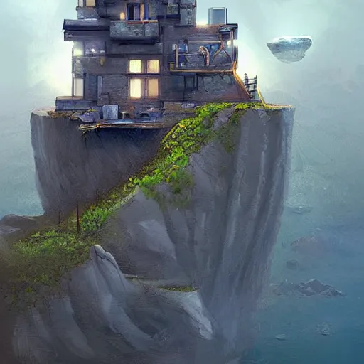 Prompt: sci fi house on a cliff above the coast, digital painting by Angrymikko, warm lighting, concept art