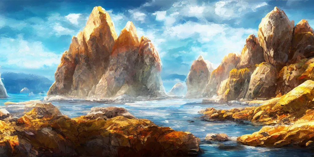 Image similar to salt covered islands surrounded by colourful rugged quartz cliffs, illustration, bright sunlight, sun glints, sunrays, digital art, oil painting, fantasy, 8 k, trending on artstation, detailed