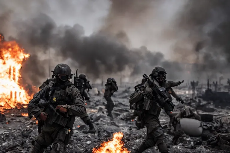 Prompt: Mercenary Special Forces soldiers in grey uniforms with black armored vest and black helmets assaulting a burning exploding devastated Dubai in 2022, Canon EOS R3, f/1.4, ISO 200, 1/160s, 8K, RAW, unedited, symmetrical balance, in-frame, combat photography, colorful