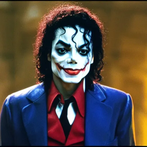 Image similar to a film still of Michael Jackson starring as The Joker, 40mm lens, shallow depth of field, split lighting, cinematic