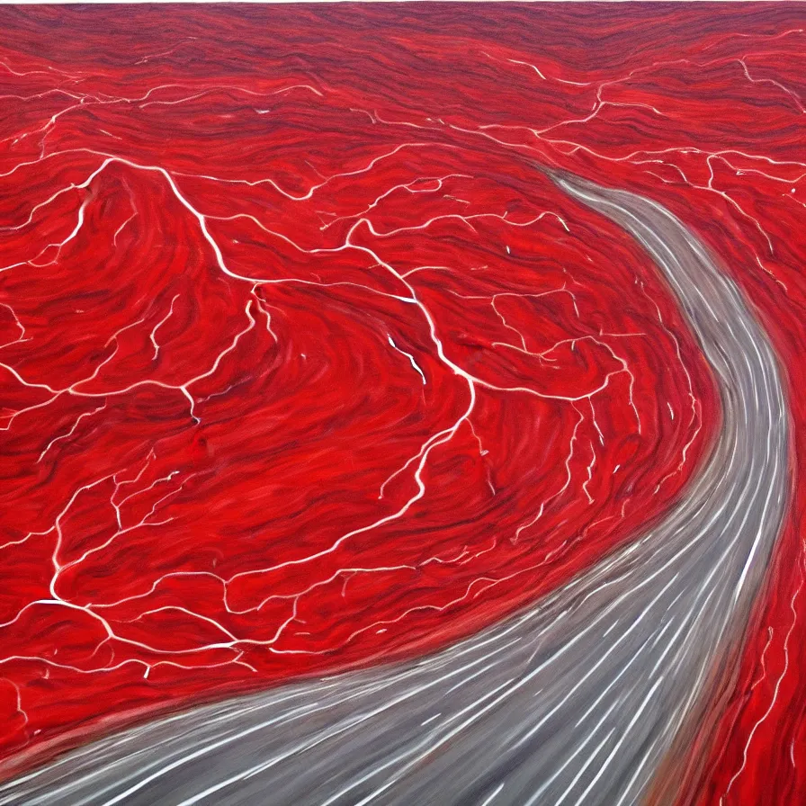 Prompt: painting of highway roads that are like blood arteries leading to the heart's core.