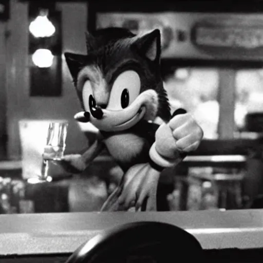 Image similar to photogram of sonic the hedgehog sitting at a bar, movie still