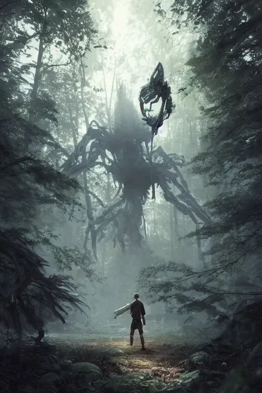 Image similar to A small character standing before a giant spider in the forest by Greg Rutkowski, Sung Choi, Mitchell Mohrhauser, Maciej Kuciara, Johnson Ting, Maxim Verehin, Peter Konig, final fantasy , 8k photorealistic, cinematic lighting, HD, high details, atmospheric,