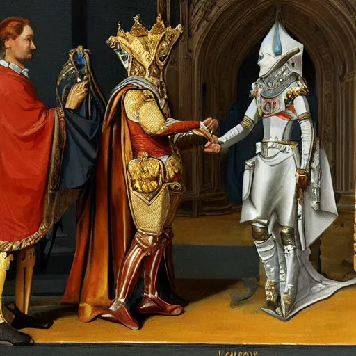 Image similar to The Duke of Mars receives the Marquis of Io in his palace, photorealistic, sci-fi