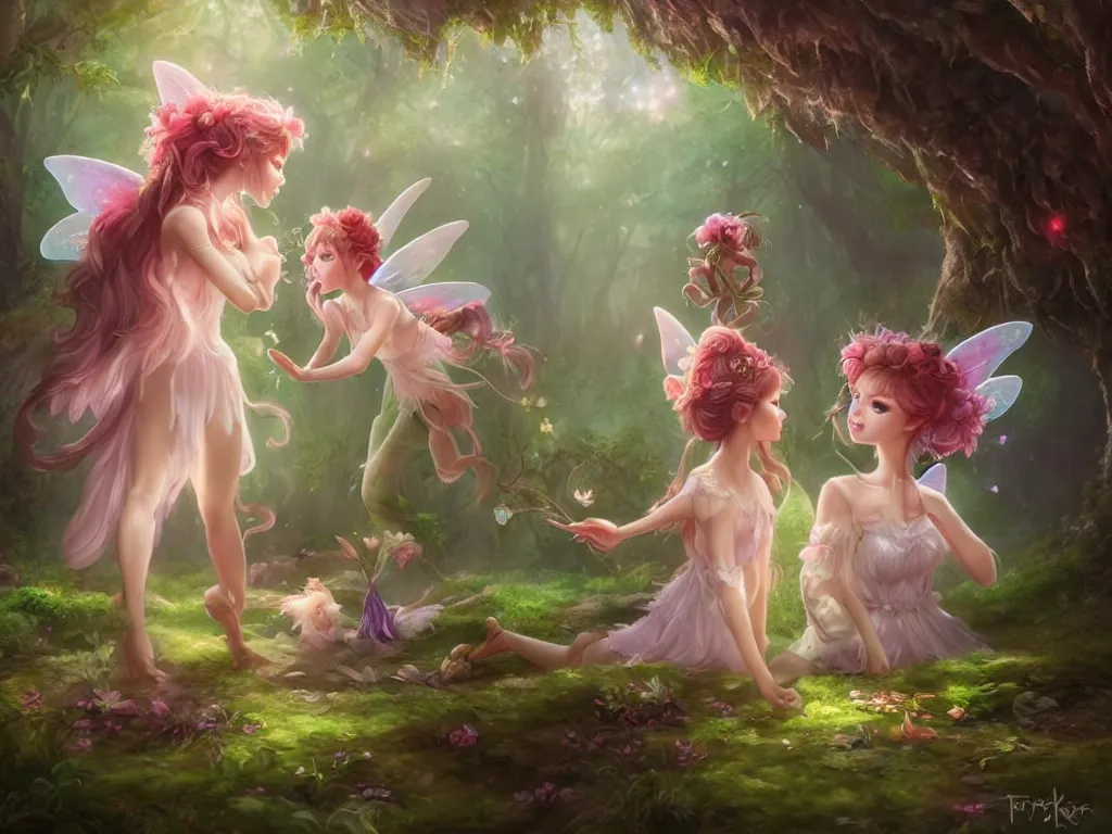 Image similar to two cute fairy in the dreamy forest, fantasy, dreamlike, 8 k resolution, hyper detailed, d & d, character design, digital painting, trending on artstation, sharp focus, illustration, art by artgerm, viktoria gavrilenko, hoang lap, fuji choko, steve zheng