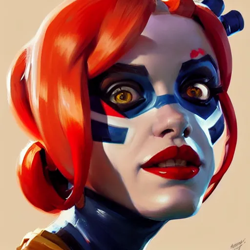 Image similar to Greg Manchess portrait painting of Harley Quinn as Overwatch character, medium shot, asymmetrical, profile picture, Organic Painting, sunny day, Matte Painting, bold shapes, hard edges, street art, trending on artstation, by Huang Guangjian and Gil Elvgren and Sachin Teng