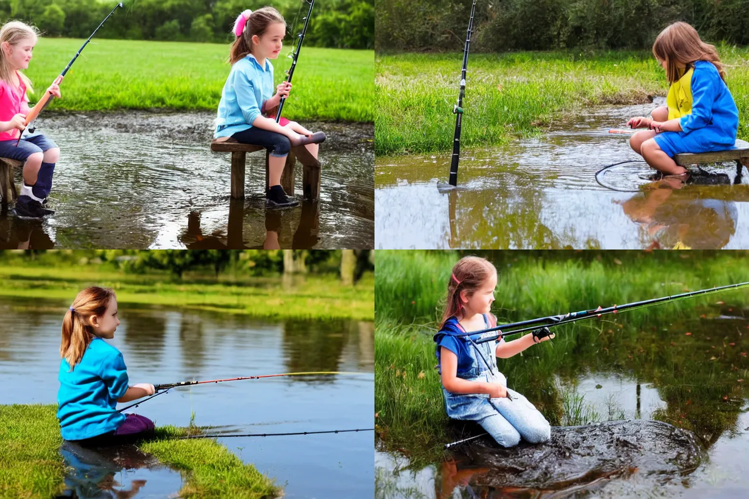 Prompt: girl sitting next to a puddle with a fishing pole, trying to fish in the puddle