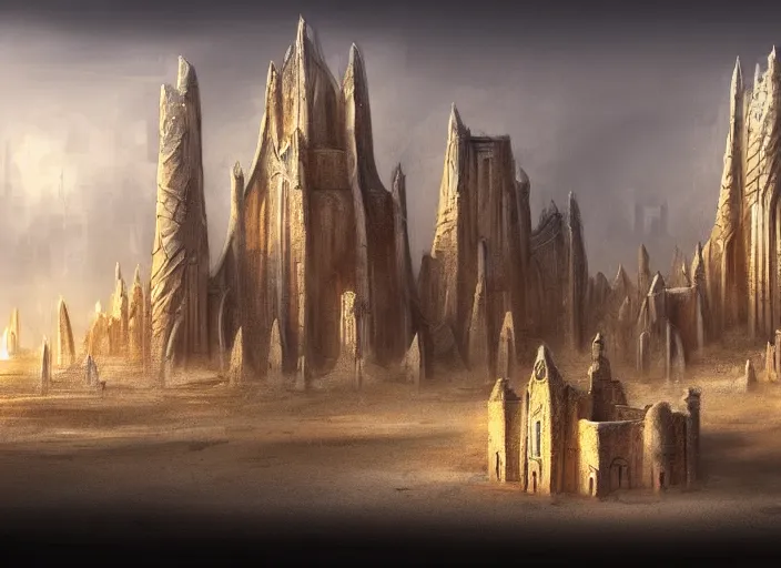 Image similar to architectural cover concept art of the lost sand city, ruins, golden towers, golden pillarsl. digital art, art station, realista,