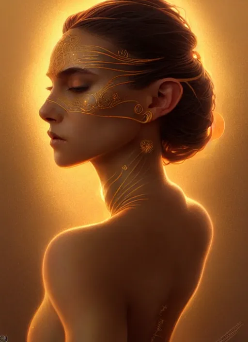 Image similar to a beautiful cinematic female sand goddess, glow golden tatto, galatic shamen with Quantum energy fantasy, fantasy magic, undercut hairstyle, dark light night, intricate, elegant, sharp focus, illustration, highly detailed, digital painting, concept art, matte, art by WLOP and Artgerm and Greg Rutkowski and Alphonse Mucha, masterpiece