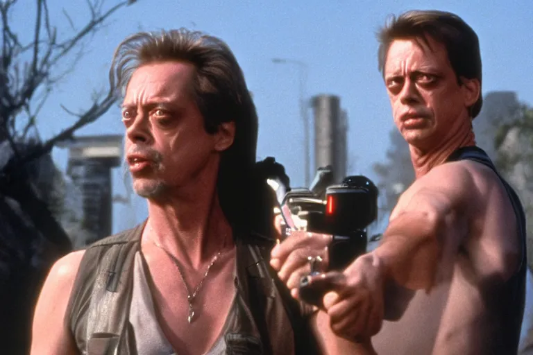 Prompt: VFX movie where Steve Buscemi plays the Terminator by James Cameron