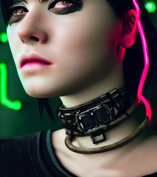 Image similar to detailed realistic female character cyberpunk wearing thick steel collar around neck, realistic, art, beautiful, 4K, collar, choker, collar around neck, punk, artstation, detailed, female, woman, choker, cyberpunk, neon, punk, collar, choker, collar around neck, thick collar, tight around neck, punk, choker, neon, neon, cyberpunk, technological