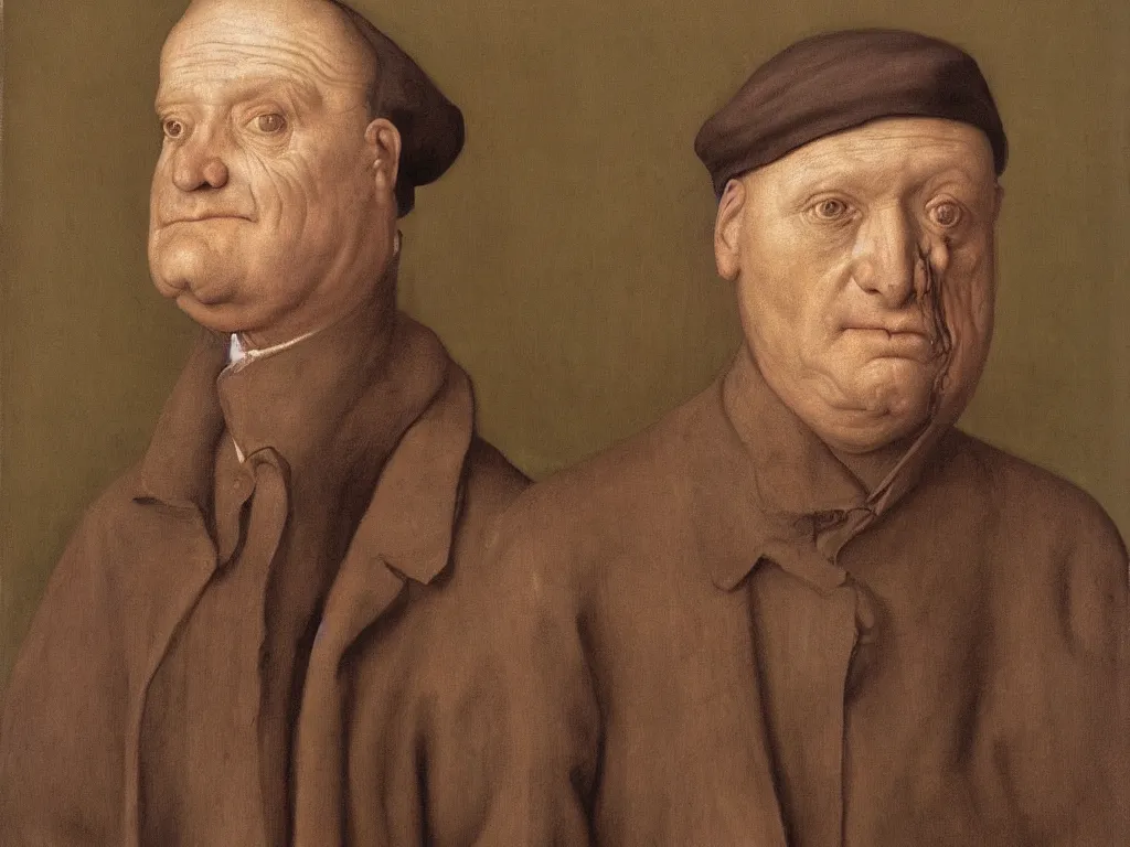 Image similar to portrait of a middle aged blind man. 21 th century clothes. Painting by Jan van Eyck, August Sander.