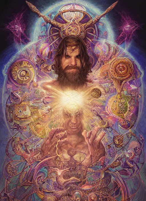 Image similar to duncan trussell, shamanic poster lsd art, intricate, elegant, highly detailed, centered, digital painting, artstation, concept art, smooth, sharp focus, illustration, artgerm, tomasz alen kopera, peter mohrbacher, donato giancola, joseph christian leyendecker, wlop, frank frazetta