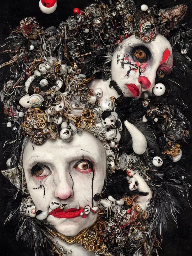 Image similar to Detailed maximalist portrait of a clown with cracked porcelain skin, dark doe eyes, a mouth like PJ Harvey, surrounded by black feathers and milk droplets, HD mixed media, 3D collage, highly detailed and intricate, surreal illustration in the style of Caravaggio, dark art, baroque