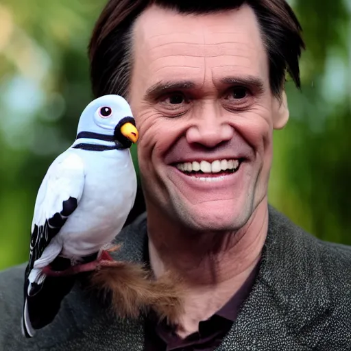 Image similar to jim carrey cosplaying as an anthropomorphic carrier pigeon