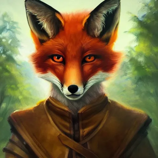 Prompt: portrait of a cute fox as a swordsman in the forest:: in the style of charlie bowater, Joshua Middleton, Disney realistic:: oil painting::