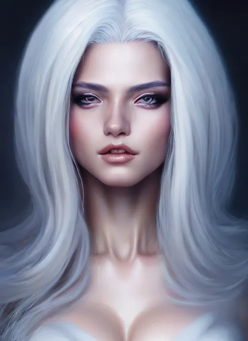 Prompt: a gorgeous female with longwhite hair in the style of stefan kostic, realistic, full body shot, wide angle, sharp focus, 8 k high definition, insanely detailed, intricate, elegant, art by stanley lau and artgerm, floating embers