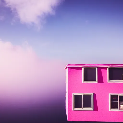 Image similar to a 5 0 mm lens photograph of a cute pink floating modern house, floating in the air between clouds, inspired by the movie up. mist, playful composition canon, nikon, award winning, photo of the year