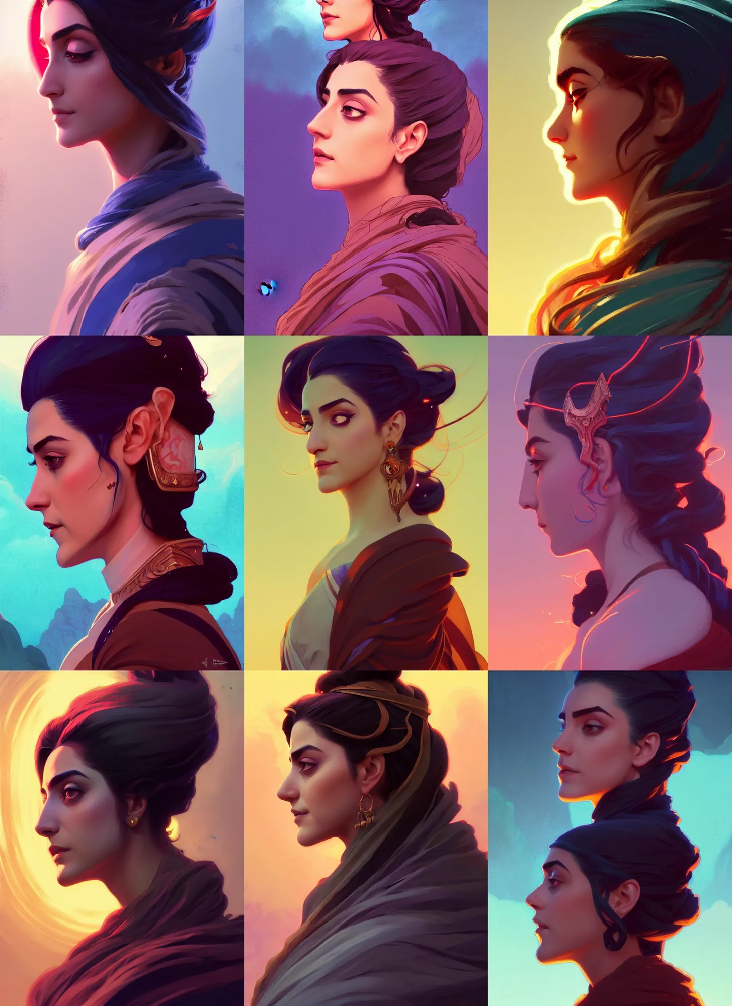 Prompt: side profile centered painted portrait, Maya Ali as a storm sorcerer, D&D, matte painting concept art, beautifully backlit, official fanart, 4k, HDR, Trending on artstation, Behance, anime, art nouveau, by Mucha and ilya kuvshinov and Cushart Krentz and Gilleard James
