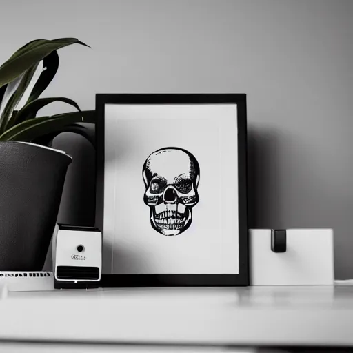 Prompt: black and white linocut print depicting a skull sitting on top of a wifi router on a table, next to a plant