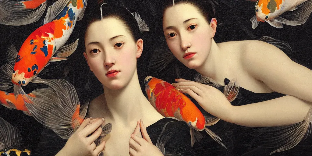 Image similar to beautiful oil matte portrait painting, woman surrounded by multiple koi fishes, wonderful masterpiece highly detailed, beautiful cinematic light deep focus, elegant, digital painting, smooth, sharp focus, golden ratio, dramatic illumination, ultra realistic, 8 k, art by artemisia lomi gentileschi and caravaggio