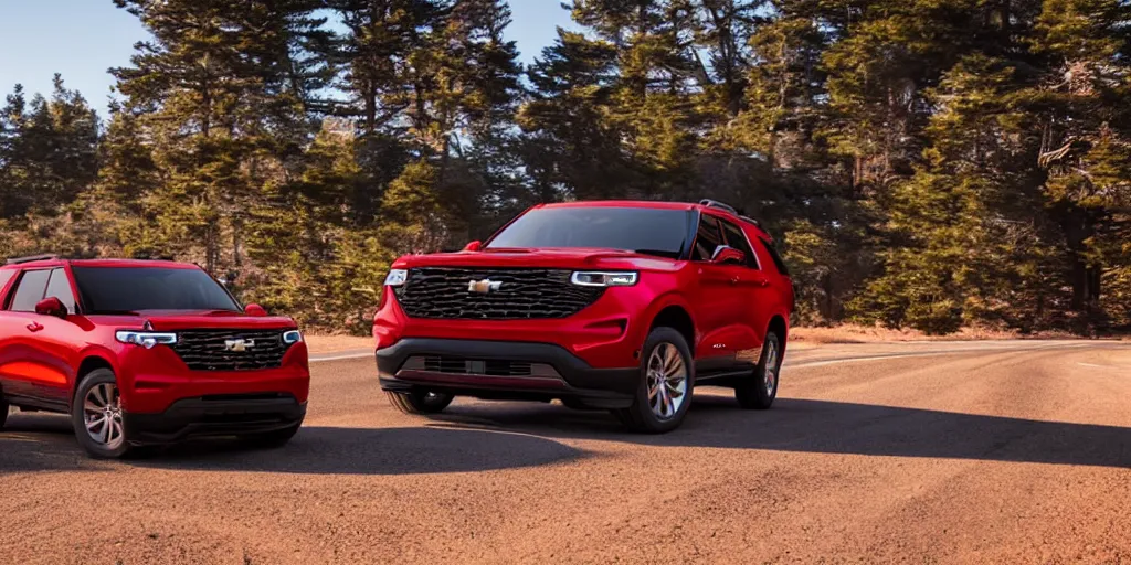 Prompt: A red SUV inspired by a 2022 Ford Explorer and 2022 Chevrolet Tahoe; driving along the coast of California; golden hour; auto photography; action shot