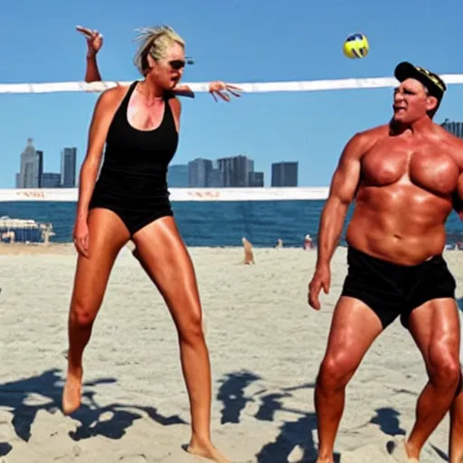 Prompt: extremely buff Donald Trump playing beach volleyball with women,