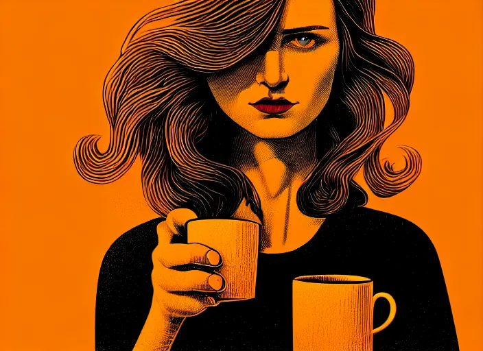 Image similar to portrait of a long haired heroine drinking coffee,vivid, Mads Berg, Karolis Strautniekas, dramatic lighting,film grain, editorial illustration, detailed, gradation, dynamic composition,moody, cinematic,extreme perspective,bright colors, art deco illustration, stippled shading, risograph