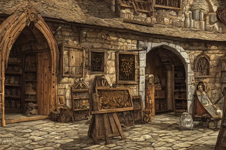 Image similar to A medieval shop viewed from the outside, texture, intricate, details, highly detailed, masterpiece, architecture, building, trending on artstation, focus, sharp focus, concept art, digital painting, fantasy, sunny, day, midday