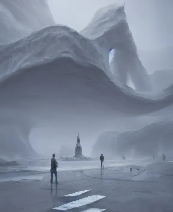 Image similar to surreal romantic prometheus horizontal white exploration base, building architecture by ruan jia, futuristic blame, white architecture in the beach in iceland, foggy, highly detailed, digital painting, arstation, concept art, hyperealistic octane render, unreal engine
