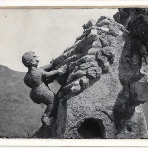 Image similar to antique photo of a creature busting out of a stone gargoyle, highly detailed, cfg = 1 5