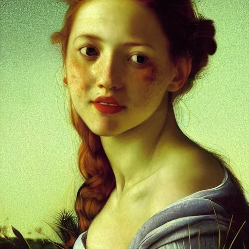 Image similar to portrait of a happy young woman, among the lights of golden fireflies and nature, long loose red hair, intricate details, green eyes, hint of freckles, round gentle face, gorgeous dress, deep focus, smooth, sharp, golden ratio, hyper realistic digital art by artemisia lomi gentileschi and caravaggio and artgerm