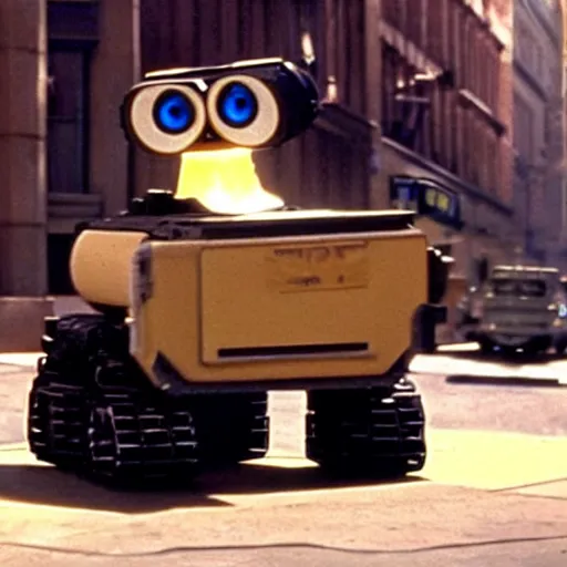 Image similar to Wall-E in New York street, epic 1986 cinematic still