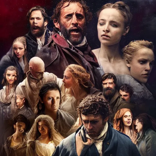 Prompt: les miserables in the 23rd century, artstation, album cover, digital oil on canvas