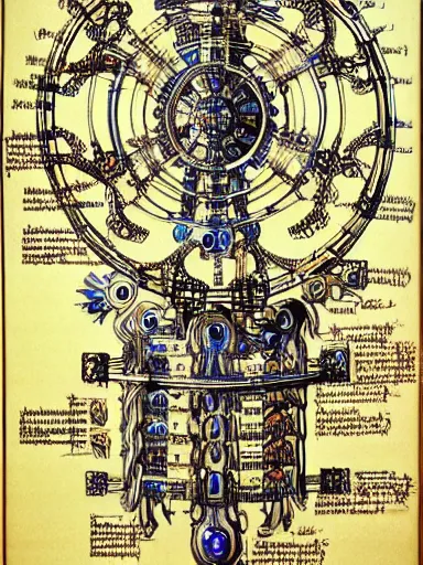 Image similar to schematic blueprint of highly detailed ornate filigreed convoluted ornamented elaborate cybernetic medical equipment, art by da vinci