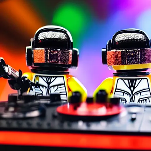 Prompt: Lego Daft Punk DJing with realistic DJ turntables