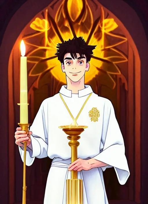 Prompt: kai havertz as a priest wearing robes. holding golden candlestick, in a monestry natural lighting, path traced, highly detailed, high quality, digital painting, by don bluth and ross tran and studio ghibli and alphonse mucha, artgerm