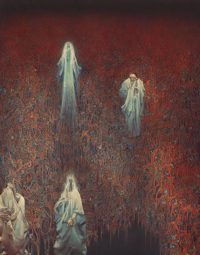 Prompt: worshippers in robes gather around the big glowing crystal, big glowing crystal radiating white light, interior, high detailed beksinski painting, part by adrian ghenie and gerhard richter. art by takato yamamoto. masterpiece, deep colours